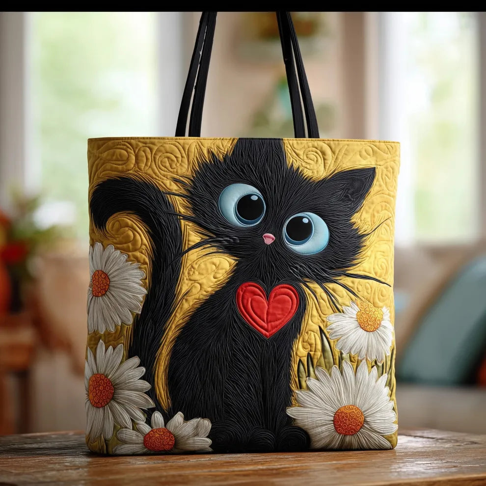 Golden Daisy Black Cat Quilted Tote 🖤🌼❤️