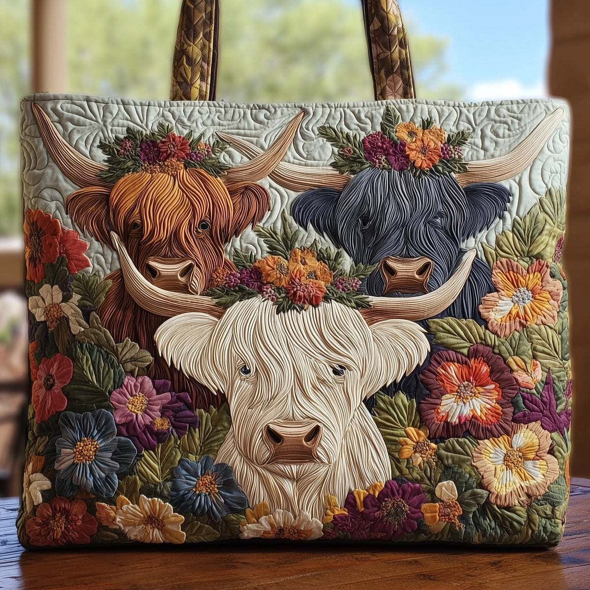Highland Bloom Cattle Quilted Tote 🐮🌸