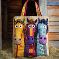 Whimsical Three Horses Quilted Tote Bag – Colorful Patchwork Art