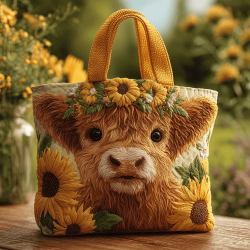 Sunflower Highland Cow Quilted Tote Bag – 3D Embroidered Garden Art